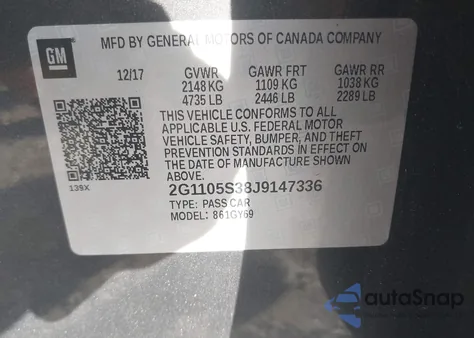 2018 Chevrolet Impala 1Lt from USA, damaged, VIN 2G1105S38J9147336